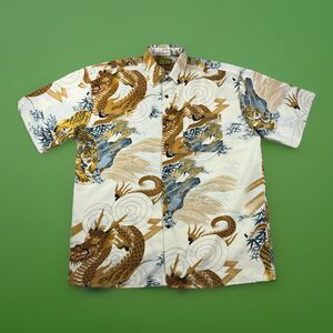 VTG Billion Bay Shirt Men's L Tiger Dragon All Over Print Short Sleeve Polyester